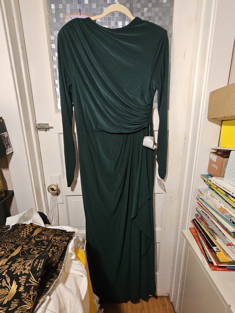 Betsy & Adam Dark Green Draped Maxi Dress Women’s Size 12 NWT Zipper Flaw